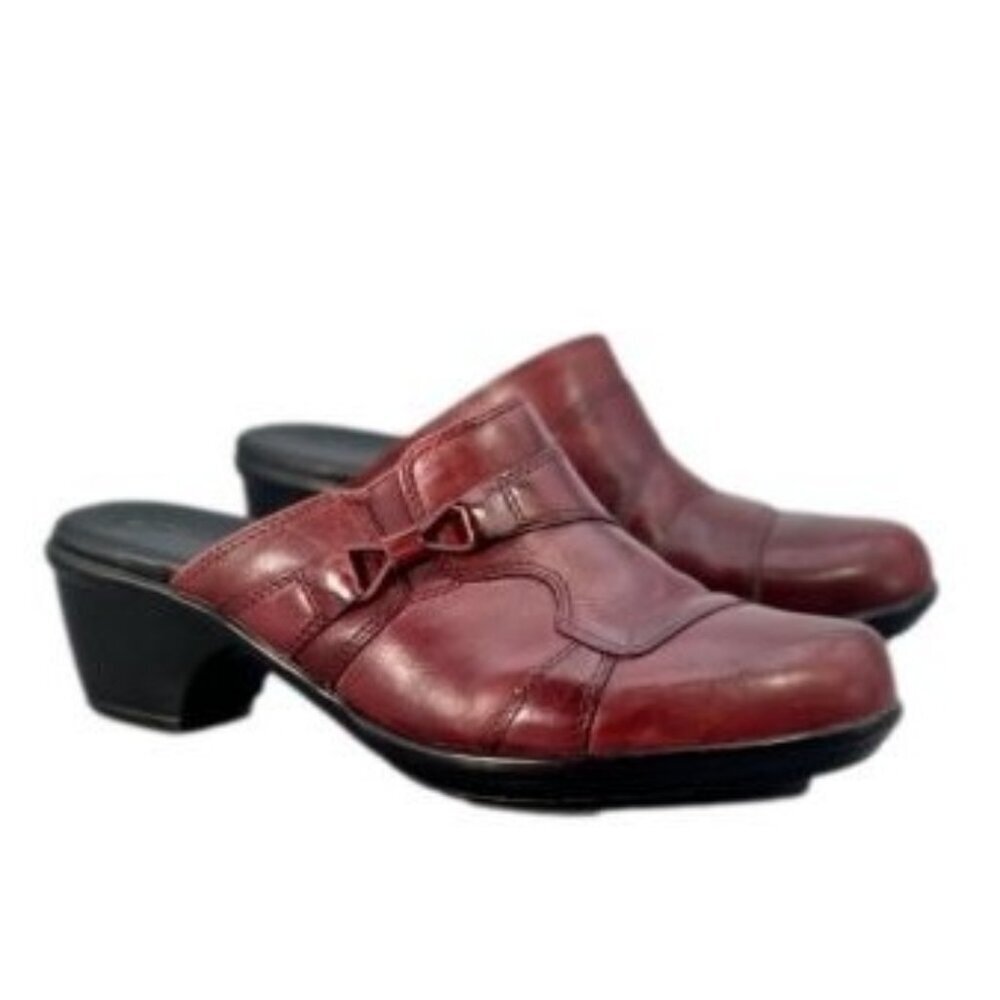 Clarks Leather Clogs Burgundy Red SlipOn Comfort OrthoLite Footbed Women Size 7 - Picture 1 of 9